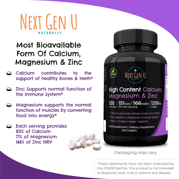 240 Calcium Magnesium and Zinc Tablets Supplement High Strength Vegan