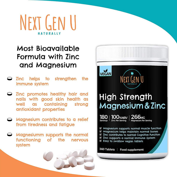 360 Magnesium & Zinc Food Supplement Vegan Tablets - 266 mg Magnesium Oxide and 10 mg Zinc Gluconate Complex